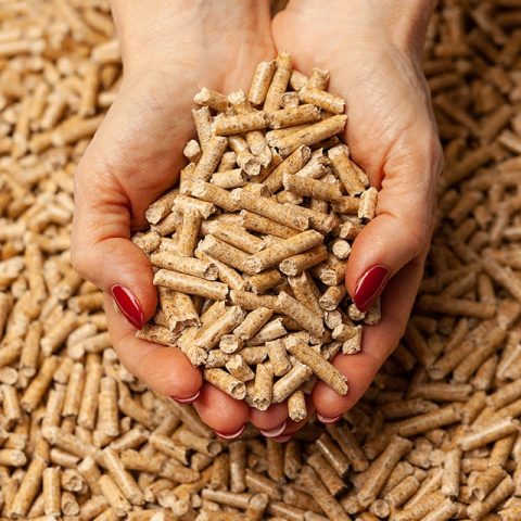 Zwei Hände greifen in eine Menge von Holz Pellets